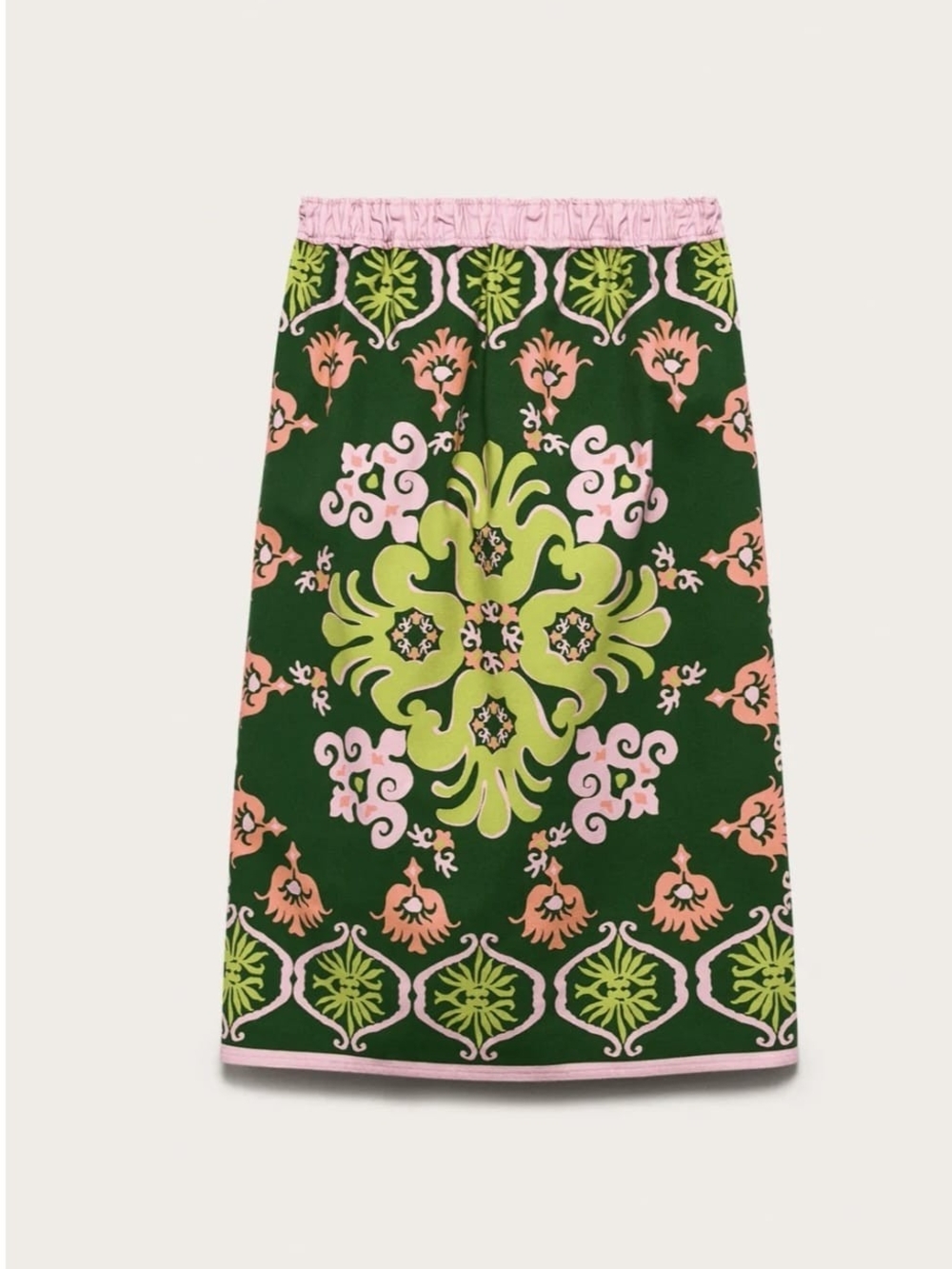 Zara VIRAL SOLD OUT Green Floral Medallion Midi Skirt with Pink Trim - Picture 6 of 7